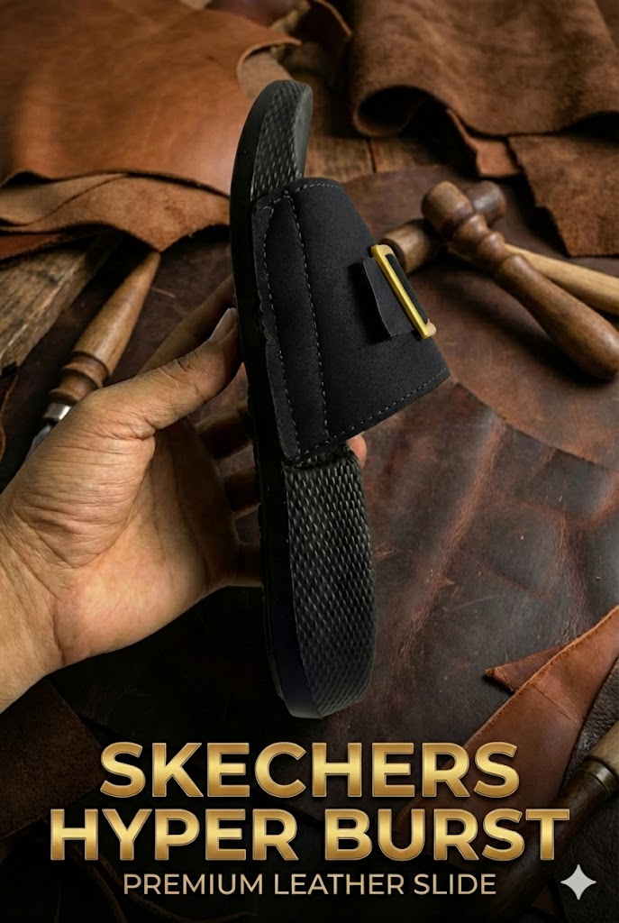 Hand holding a black Skechers Hyper Burst slide shoe on a brown leather background