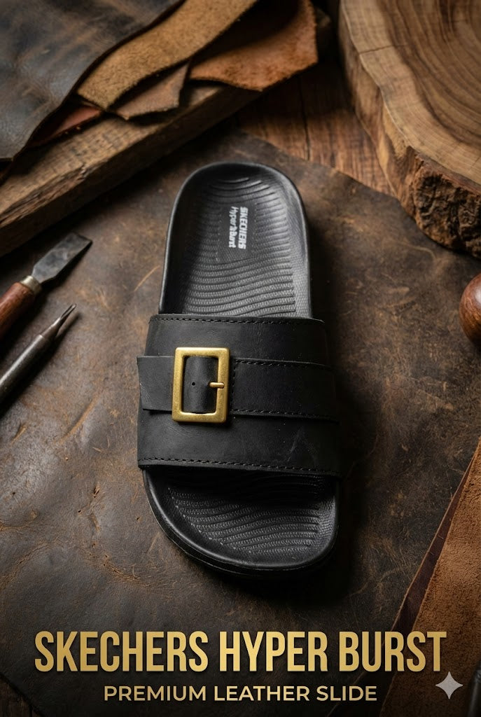 Detailed shot of the raw black leather texture on a Skechers Hyper Burst slide strap, highlighting the durable matte finish.