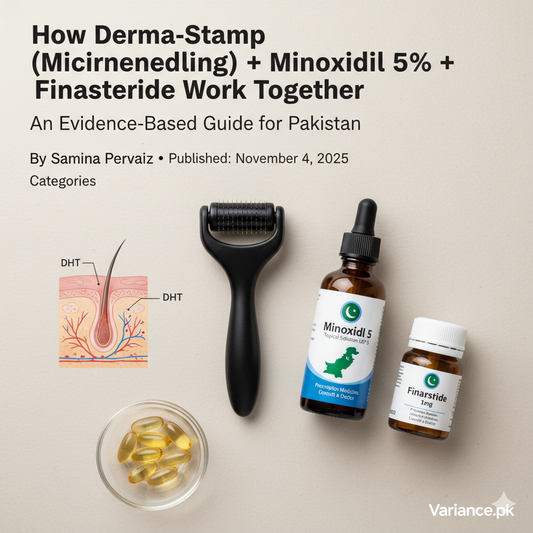Derma stamp and minoxidil bottles for hair regrowth in Pakistan