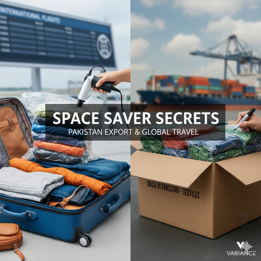 Vacuum compression bags used for travel luggage packing and for sealing textile export goods in a "Made in Pakistan" shipping box.